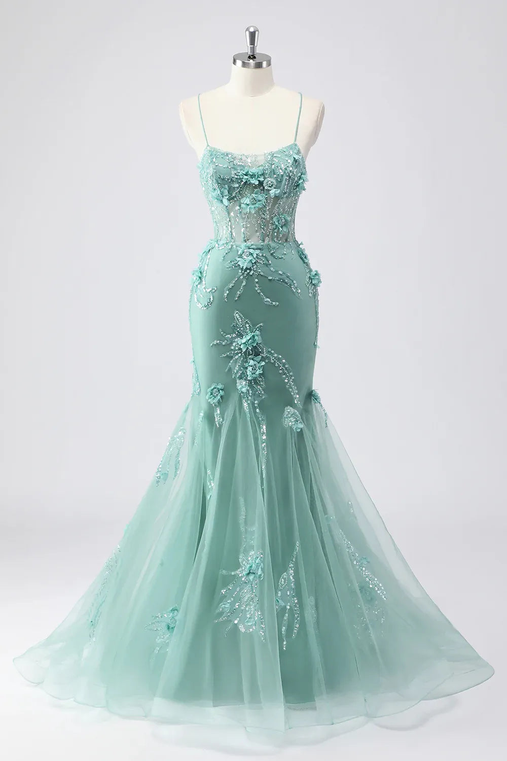 Mermaid Spaghetti Strap 3D Floral Tulle Mint Prom Dress With Sweep Train