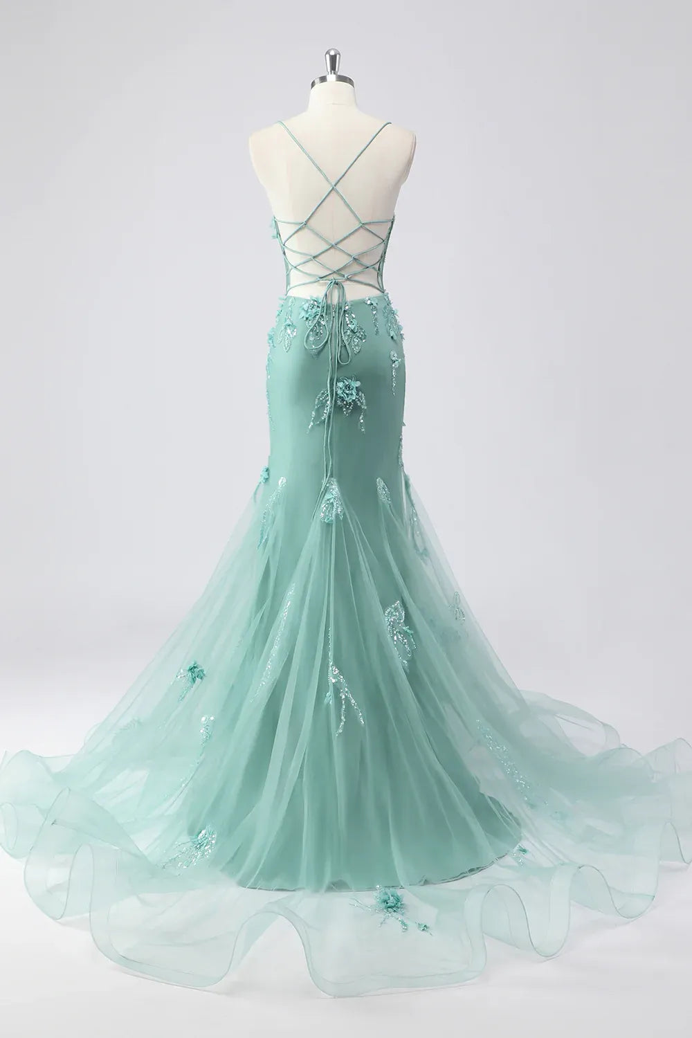 Mermaid Spaghetti Strap 3D Floral Tulle Mint Prom Dress With Sweep Train