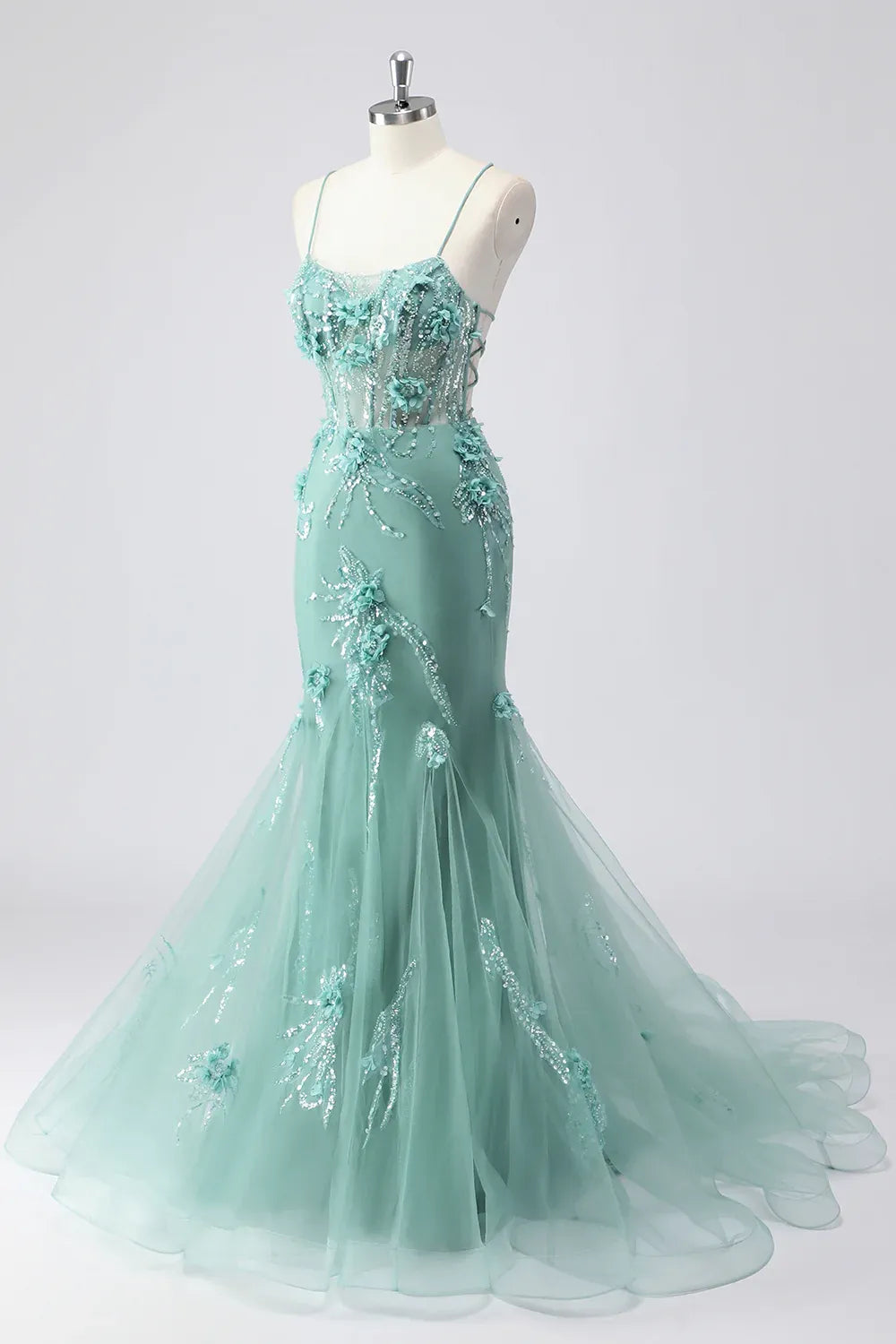Mermaid Spaghetti Strap 3D Floral Tulle Mint Prom Dress With Sweep Train