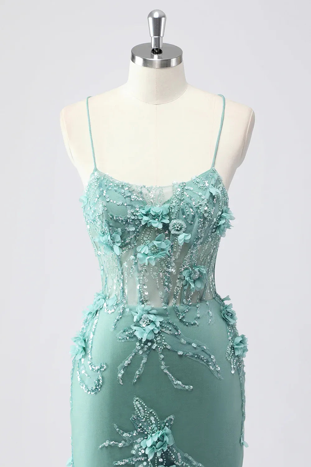 Mermaid Spaghetti Strap 3D Floral Tulle Mint Prom Dress With Sweep Train