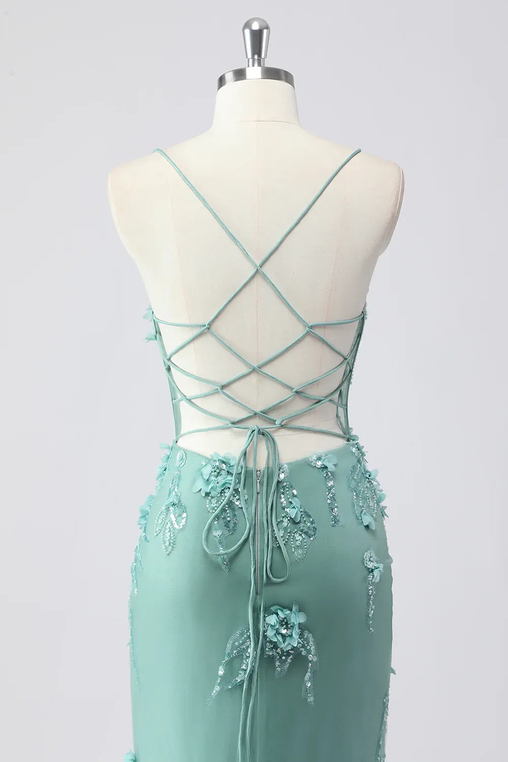 Mermaid Spaghetti Strap 3D Floral Tulle Mint Prom Dress With Sweep Train