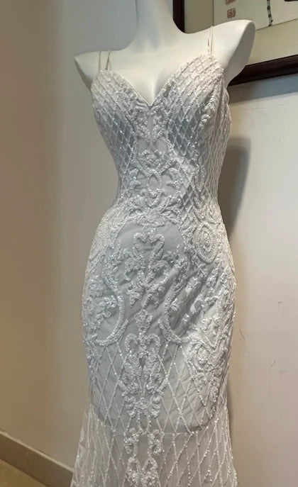 Mermaid Spaghetti Strap Applique Beaded White Prom Dress Evening Dress