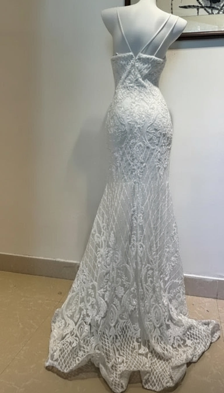 Mermaid Spaghetti Strap Applique Beaded White Prom Dress Evening Dress