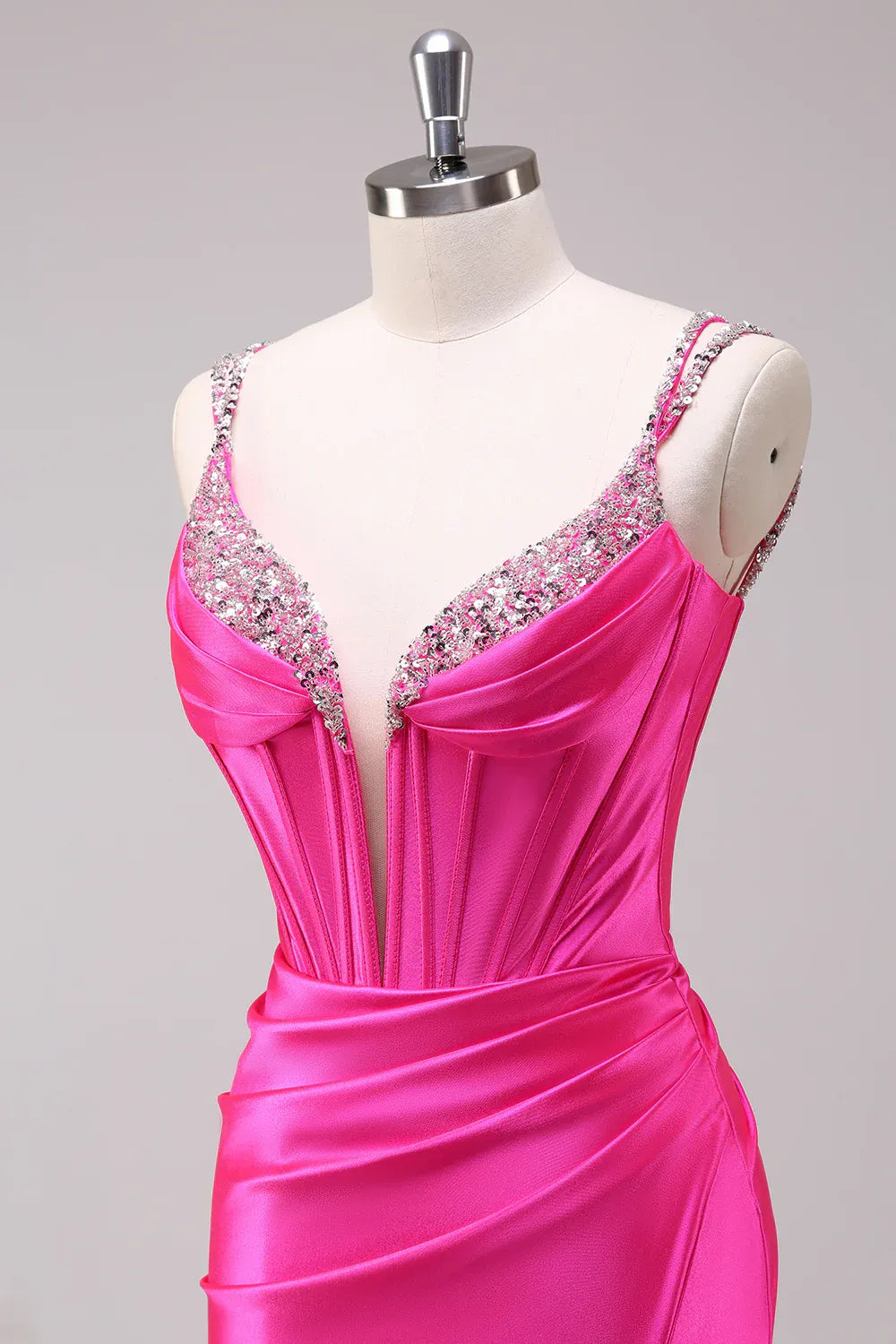 Mermaid Spaghetti Strap Beaded Pleated Satin Hot Pink Maxi Prom Dress With Slit