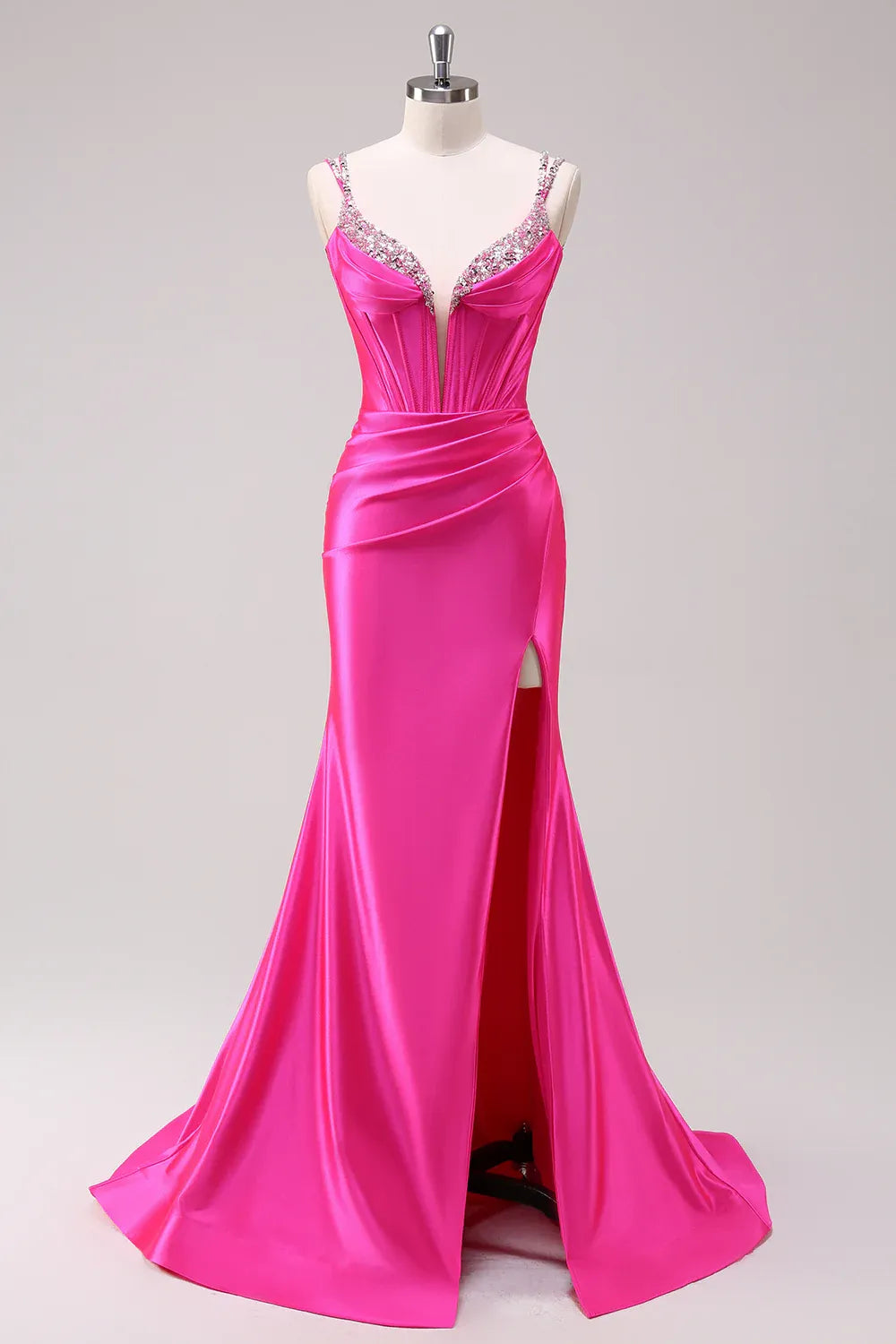 Mermaid Spaghetti Strap Beaded Pleated Satin Hot Pink Maxi Prom Dress With Slit