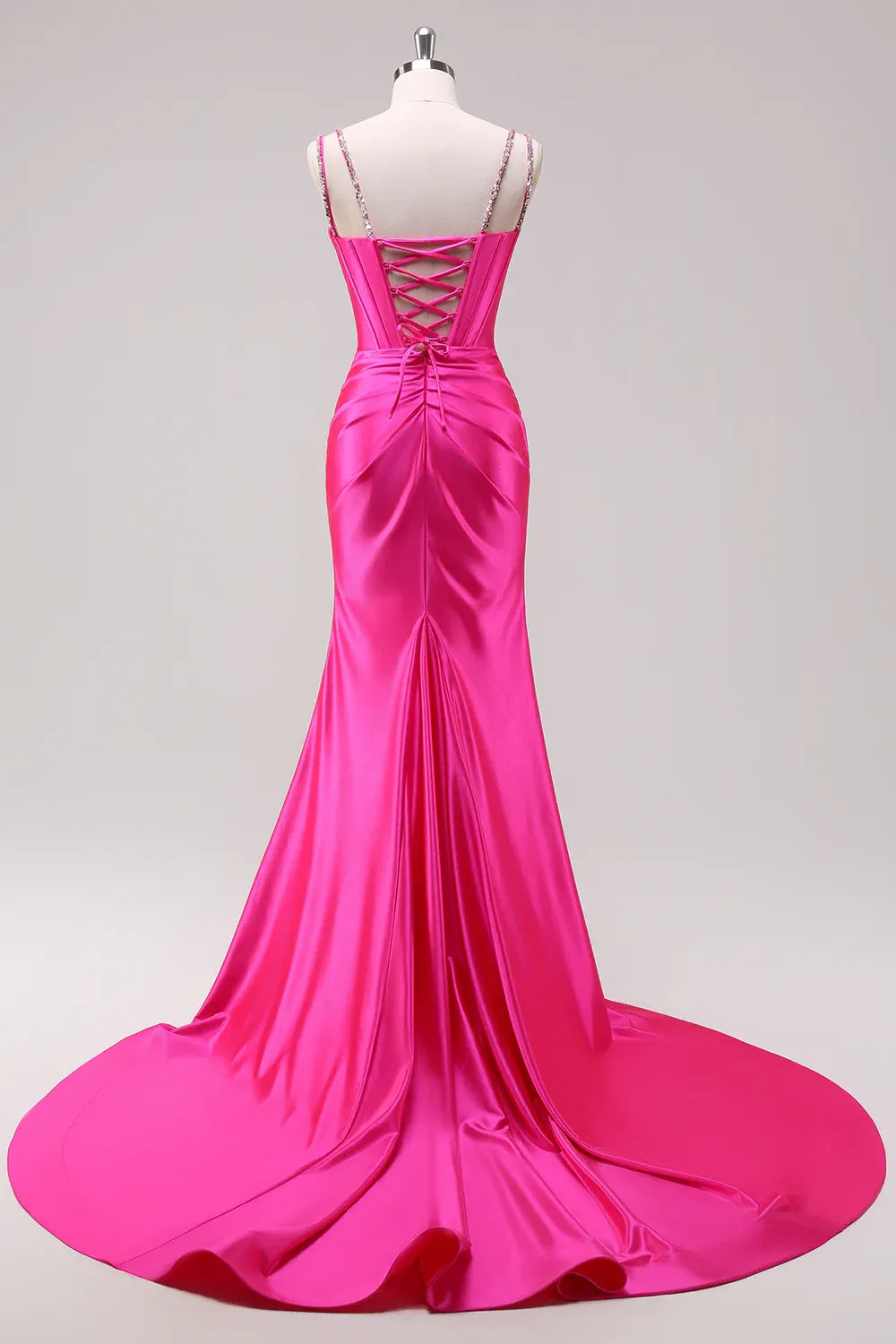 Mermaid Spaghetti Strap Beaded Pleated Satin Hot Pink Maxi Prom Dress With Slit