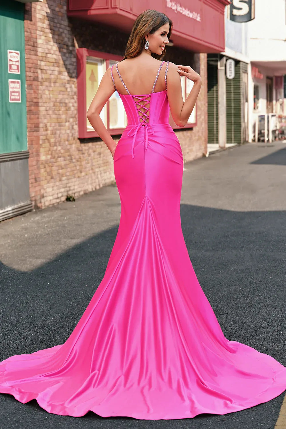 Mermaid Spaghetti Strap Beaded Pleated Satin Hot Pink Maxi Prom Dress With Slit