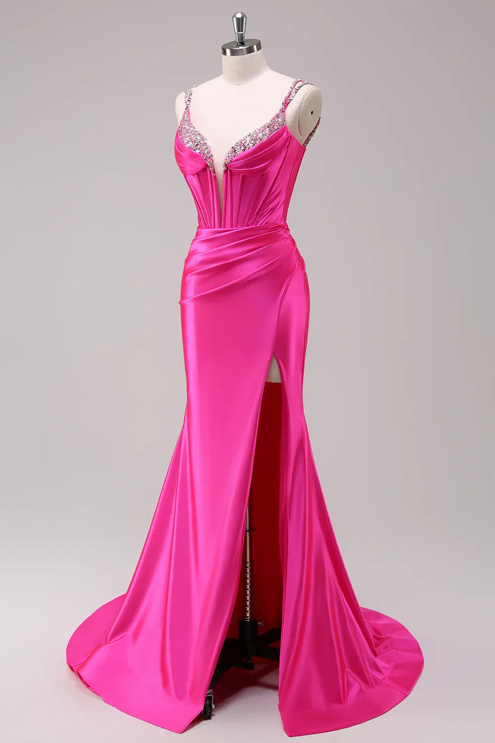 Mermaid Spaghetti Strap Beaded Pleated Satin Hot Pink Maxi Prom Dress With Slit