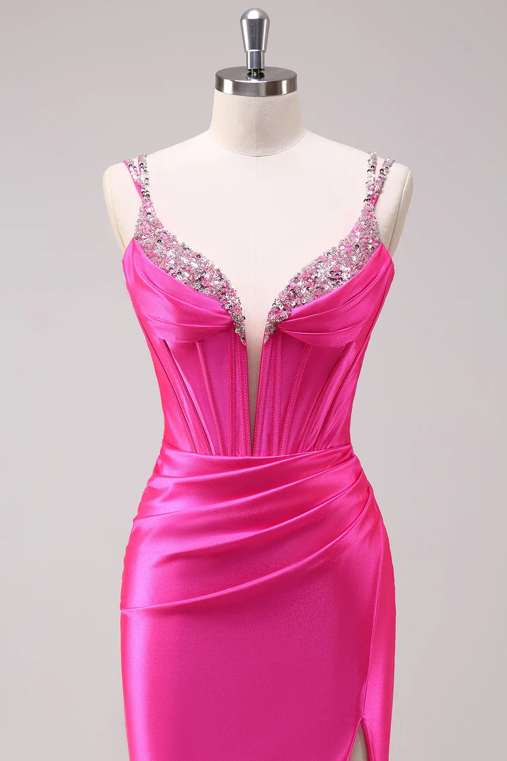 Mermaid Spaghetti Strap Beaded Pleated Satin Hot Pink Maxi Prom Dress With Slit