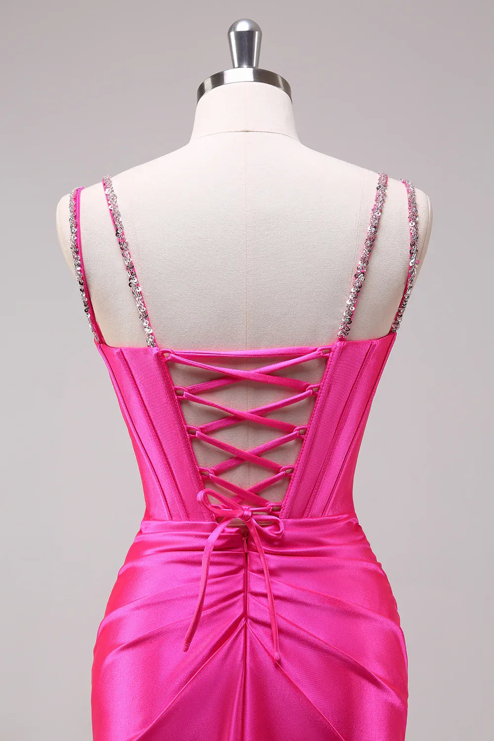 Mermaid Spaghetti Strap Beaded Pleated Satin Hot Pink Maxi Prom Dress With Slit