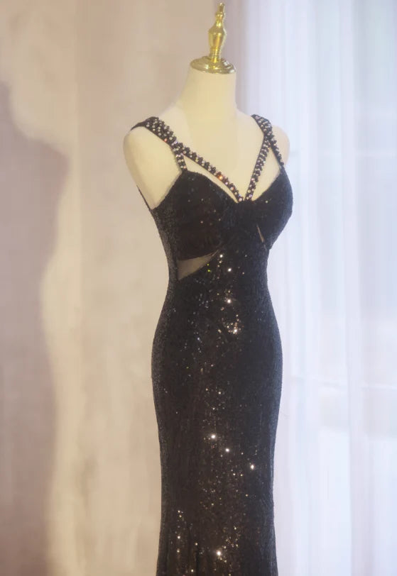 Mermaid Spaghetti Strap Beaded Sequin Black Long Evening Dress Prom Dress