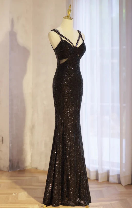 Mermaid Spaghetti Strap Beaded Sequin Black Long Evening Dress Prom Dress