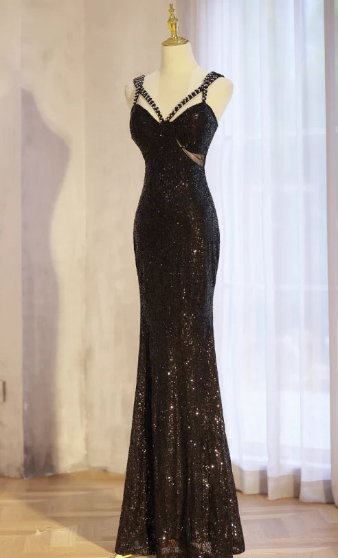 Mermaid Spaghetti Strap Beaded Sequin Black Long Evening Dress Prom Dress