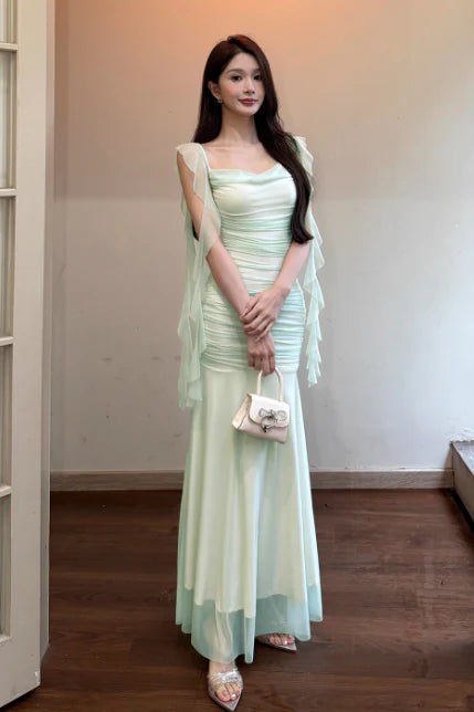 Mermaid Spaghetti Strap Chiffon Light Green Long Evening Dress Birthday Dress