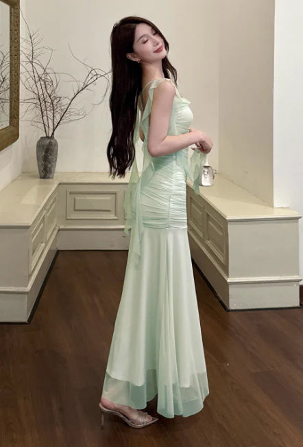Mermaid Spaghetti Strap Chiffon Light Green Long Evening Dress Birthday Dress