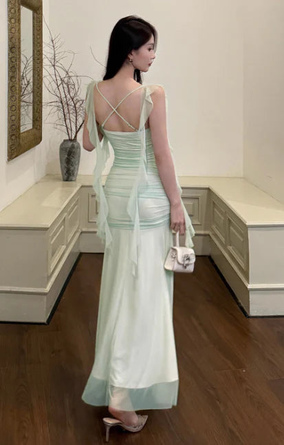 Mermaid Spaghetti Strap Chiffon Light Green Long Evening Dress Birthday Dress
