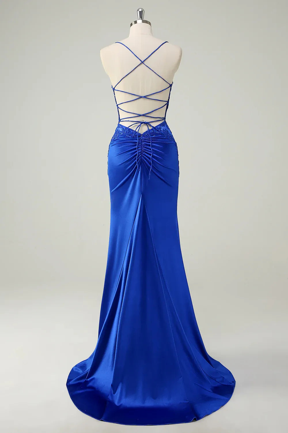 Mermaid Spaghetti Strap Corset Beaded Applique Royal Blue Maxi Prom Dress