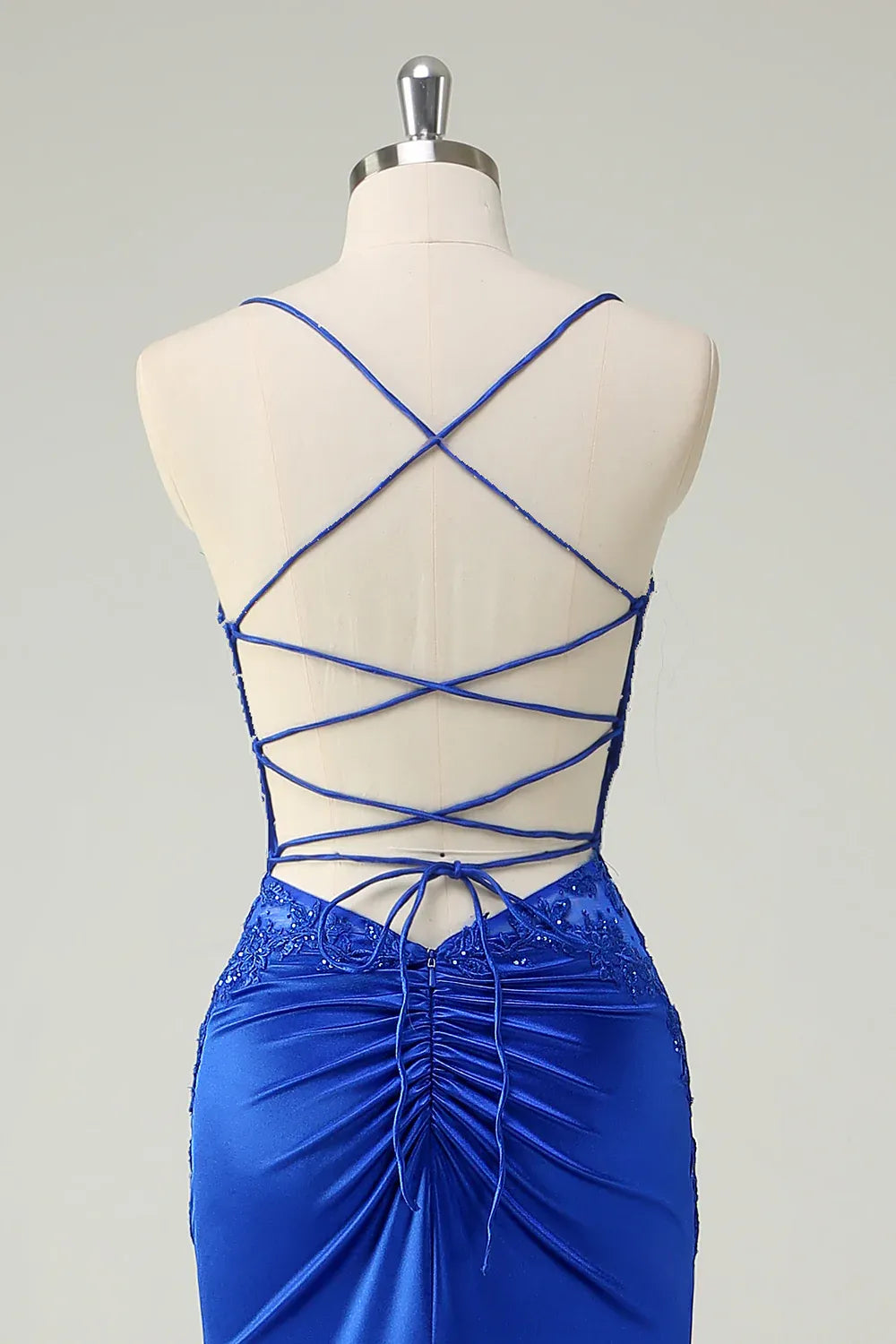 Mermaid Spaghetti Strap Corset Beaded Applique Royal Blue Maxi Prom Dress