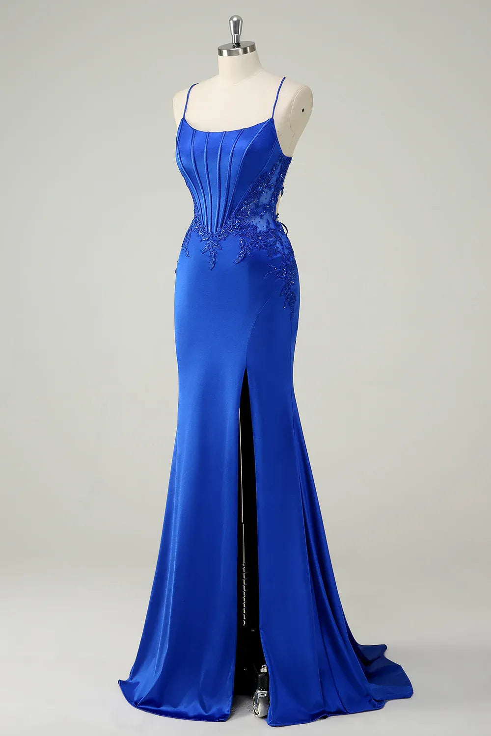 Mermaid Spaghetti Strap Corset Beaded Applique Royal Blue Maxi Prom Dress