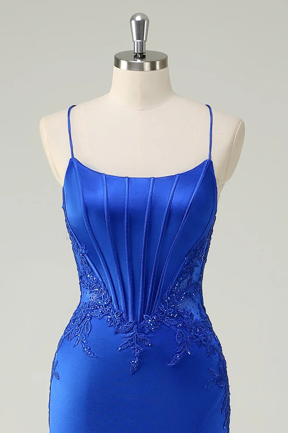 Mermaid Spaghetti Strap Corset Beaded Applique Royal Blue Maxi Prom Dress