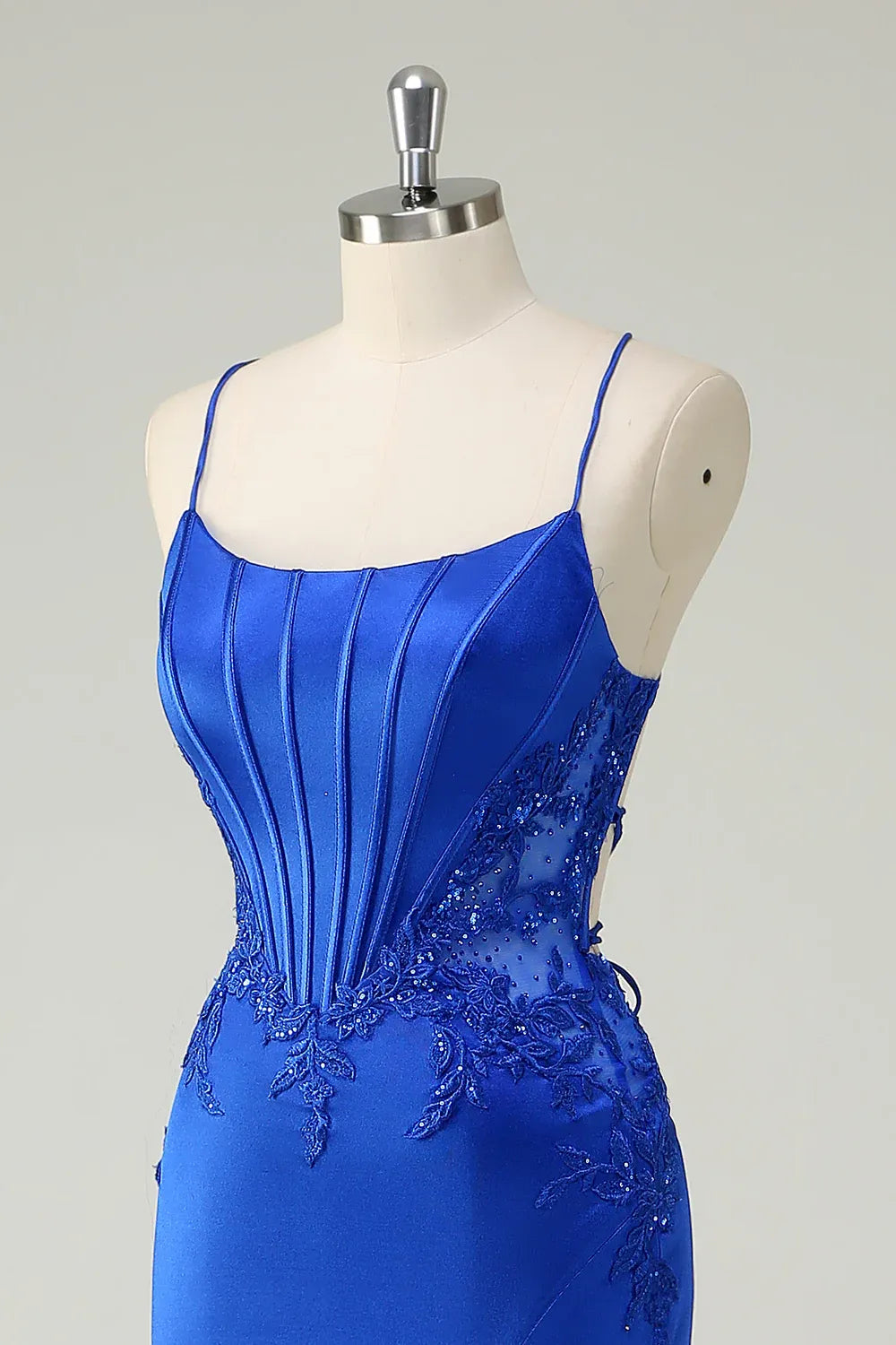 Mermaid Spaghetti Strap Corset Beaded Applique Royal Blue Maxi Prom Dress