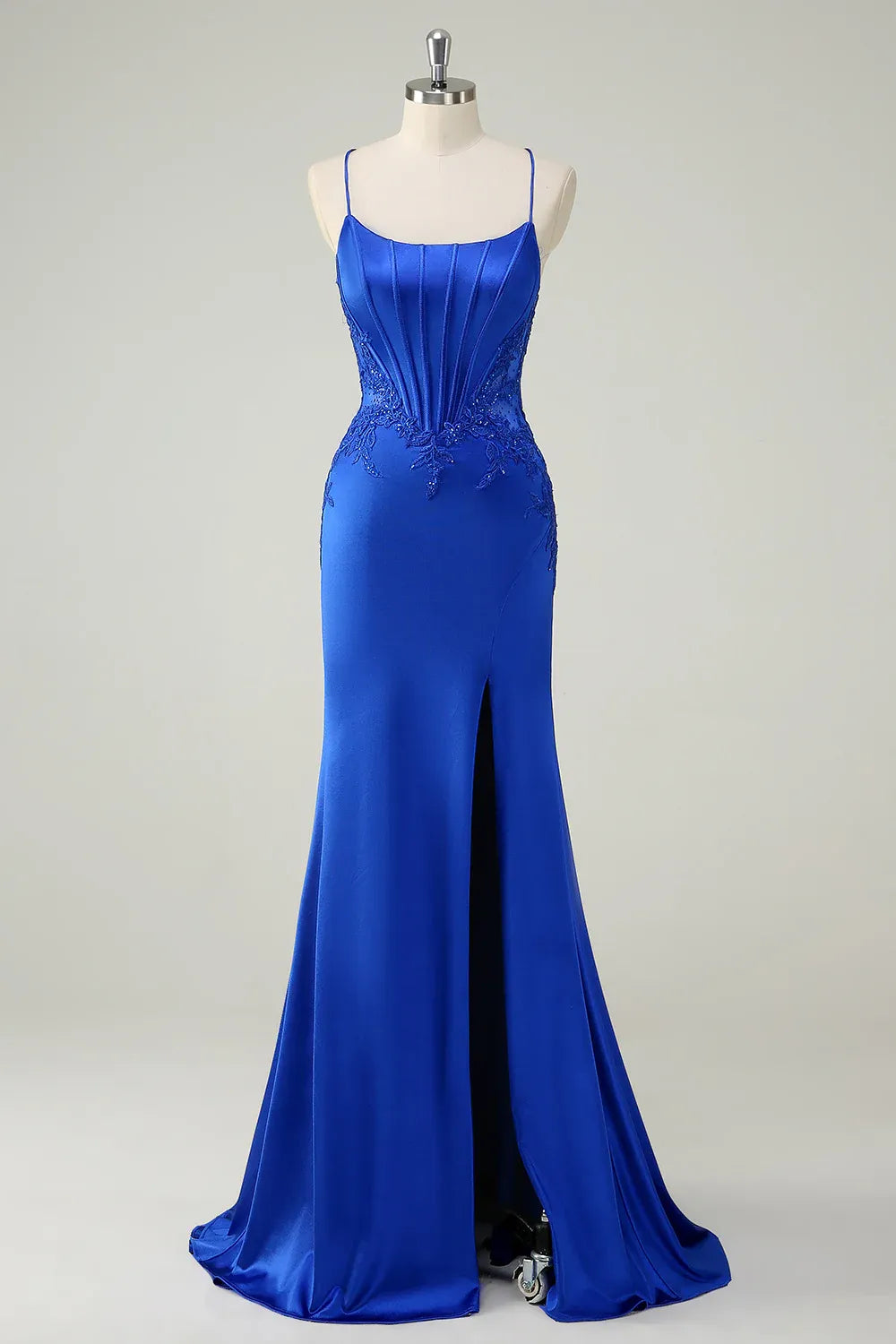 Mermaid Spaghetti Strap Corset Beaded Applique Royal Blue Maxi Prom Dress