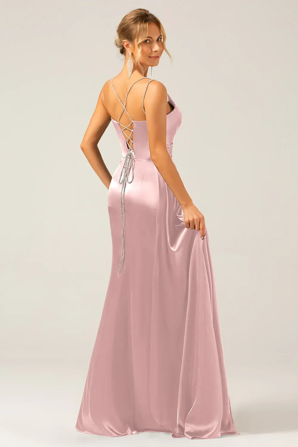 Mermaid Spaghetti Strap Pleated Dusty Rose Train Prom Dress Ready To Ship