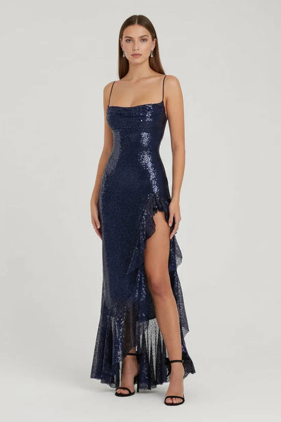 Mermaid Spaghetti Strap Pleated Sequin Ruffled Navy Prom Dress Hot Sale