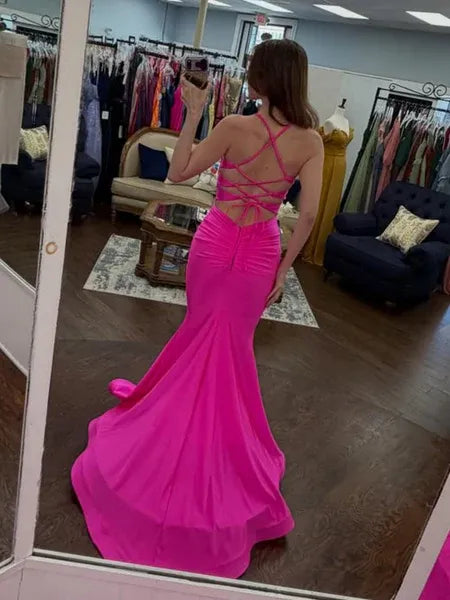 Mermaid Spaghetti Strap Ruched Hot Pink Prom Dress With Sweep Train