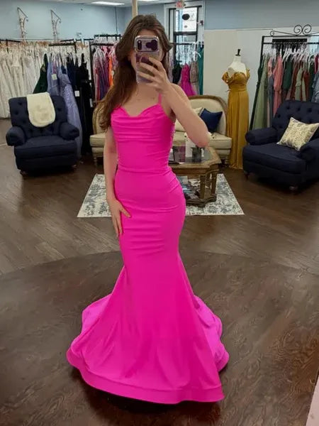 Mermaid Spaghetti Strap Ruched Hot Pink Prom Dress With Sweep Train