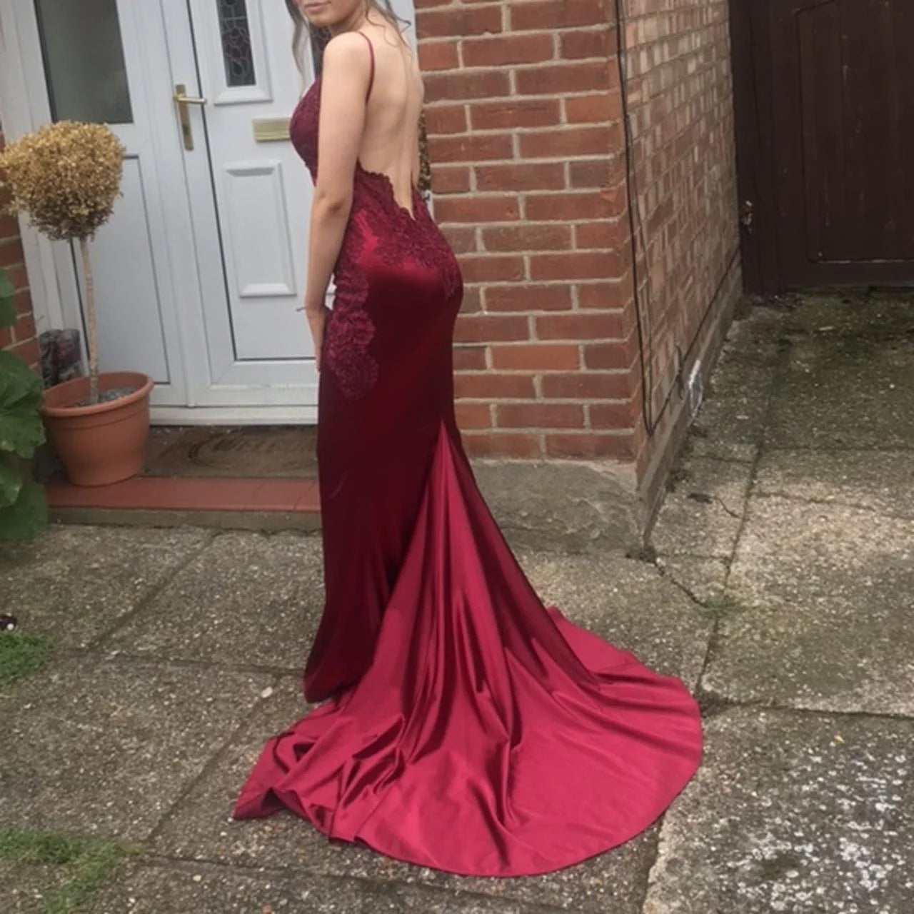Mermaid Spaghetti Straps Applique Satin Burgundy Prom Dress With Train