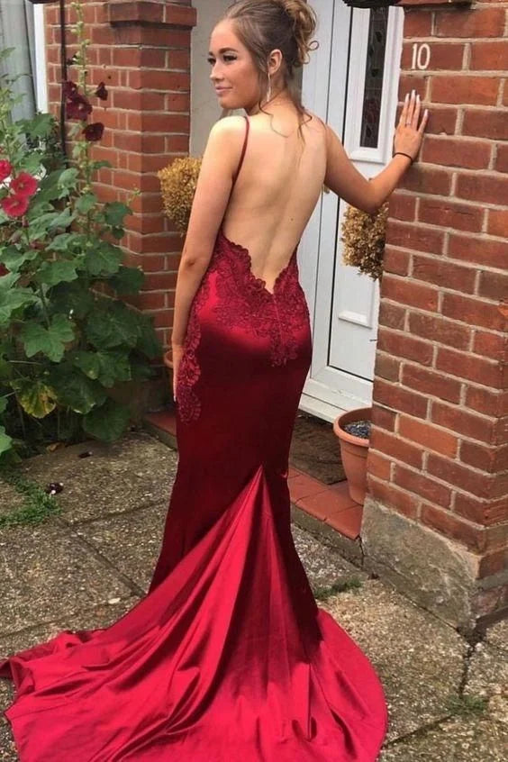 Mermaid Spaghetti Straps Applique Satin Burgundy Prom Dress With Train