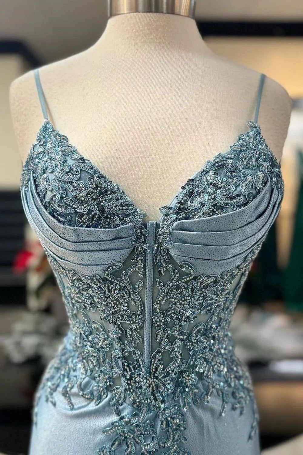 Mermaid Spaghetti Straps Appliques Beaded Dusty Green Prom Dress