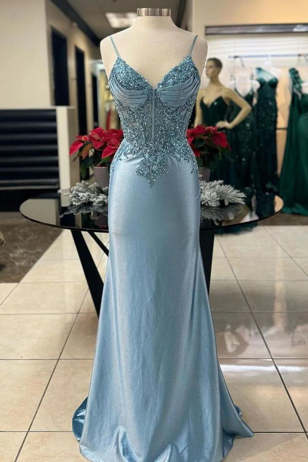 Mermaid Spaghetti Straps Appliques Beaded Dusty Green Prom Dress