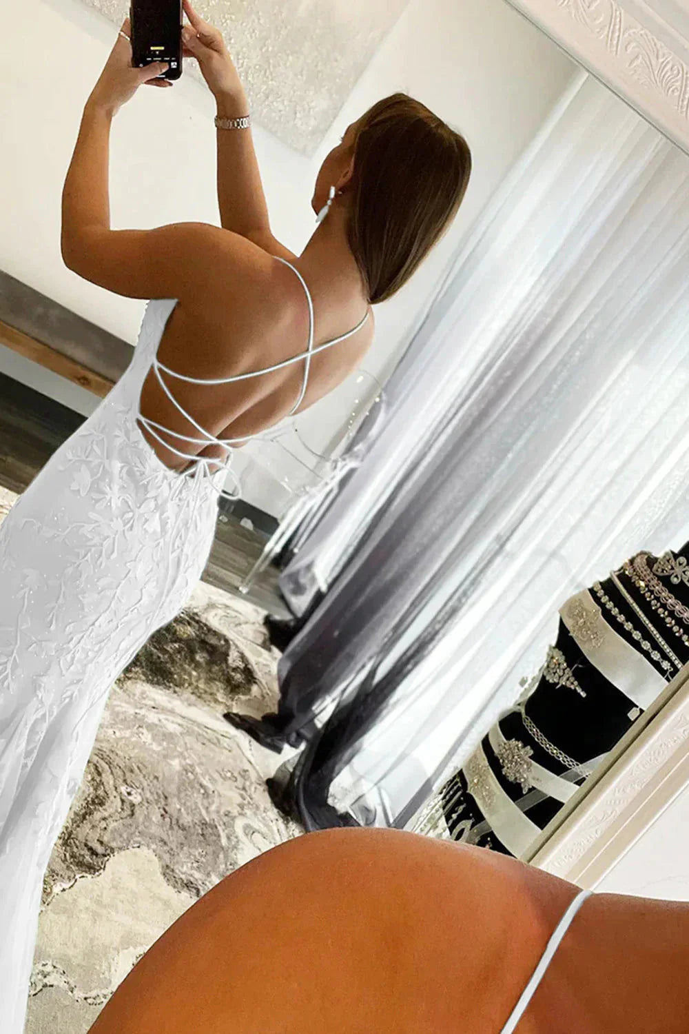 Mermaid Spaghetti Straps Appliques White Floor Length Prom Dress