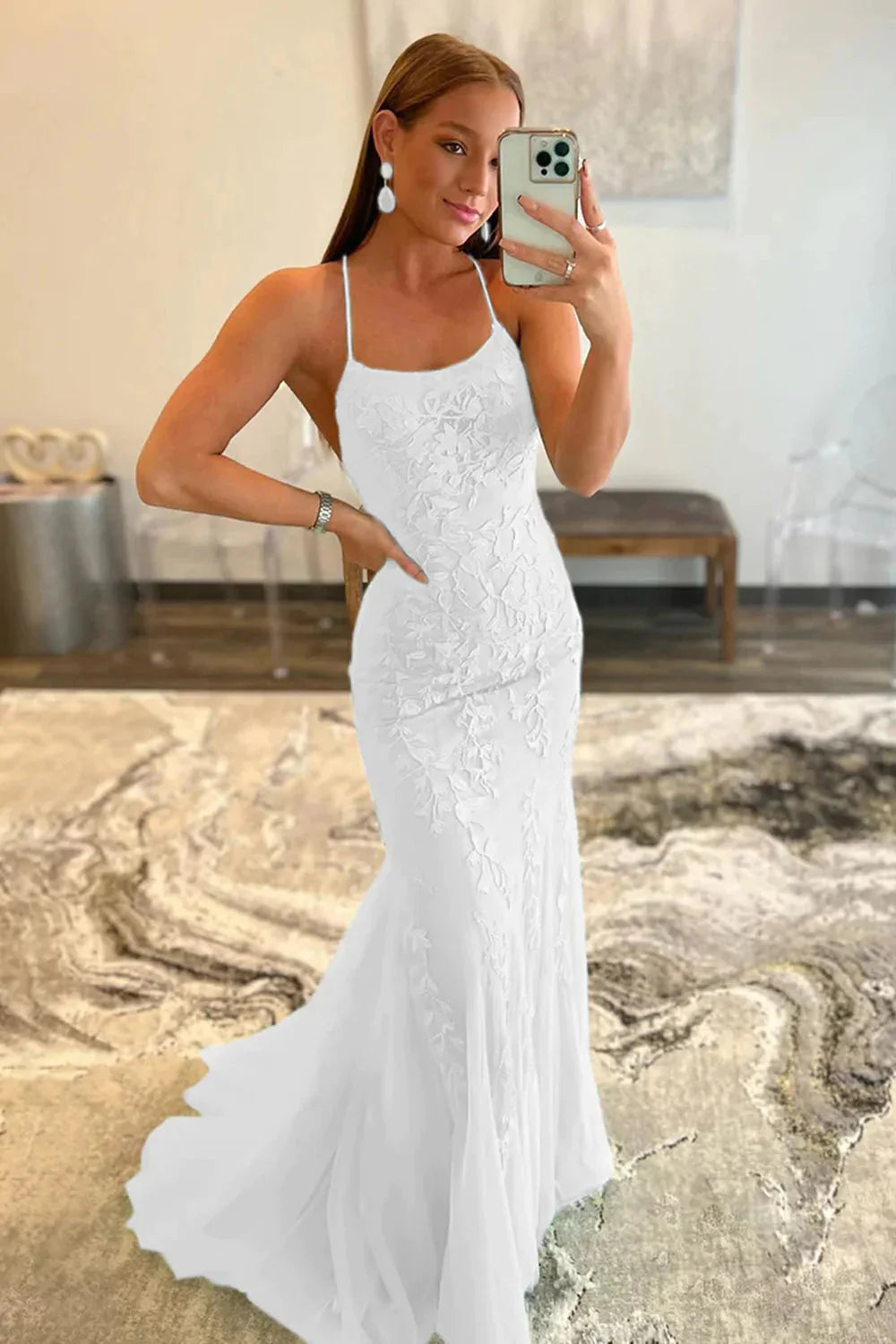 Mermaid Spaghetti Straps Appliques White Floor Length Prom Dress