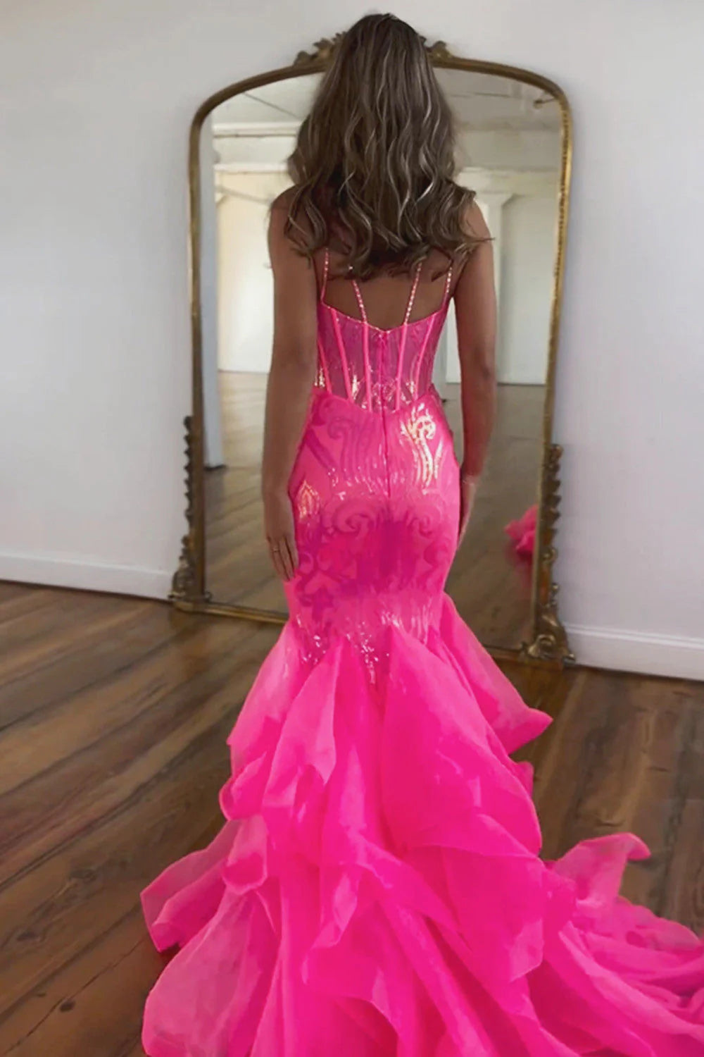 Mermaid Spaghetti Straps Bodycon Sequin Hot Pink Prom Dress With Ruffles