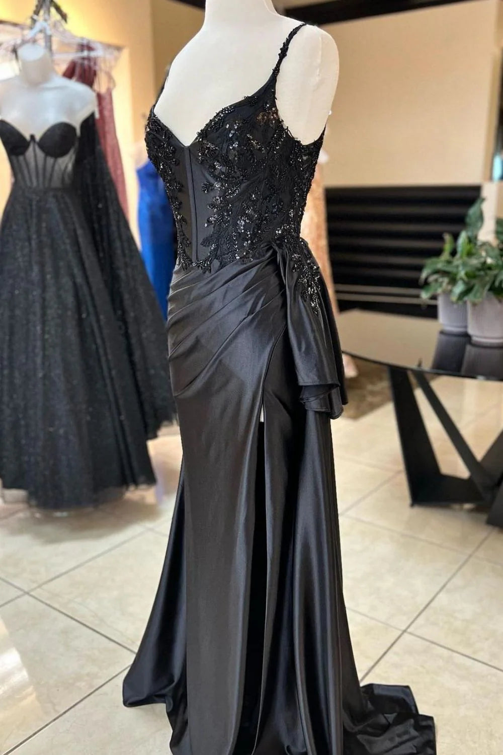 Mermaid Spaghetti Straps Corset Sequin Satin Black Prom Dress With Slit