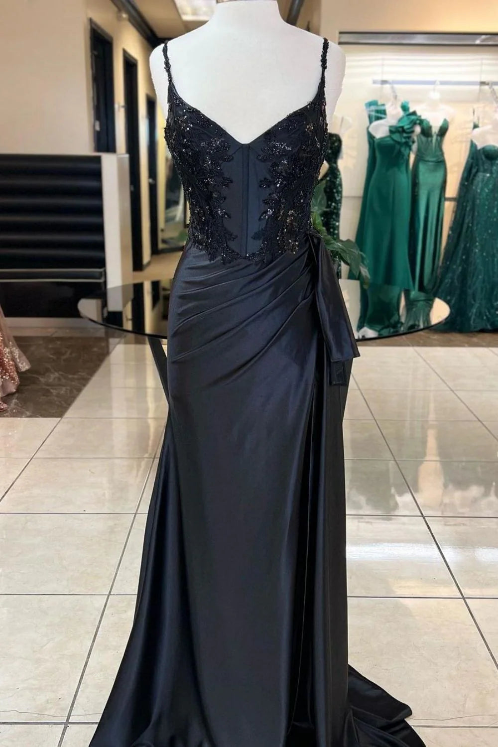 Mermaid Spaghetti Straps Corset Sequin Satin Black Prom Dress With Slit