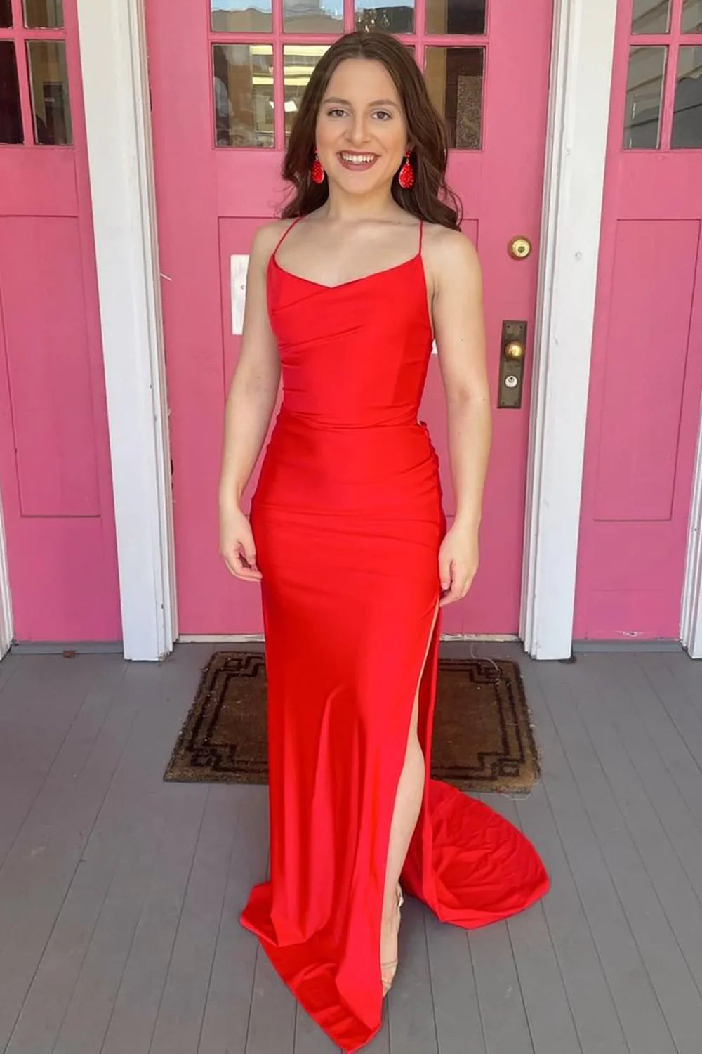 Mermaid Spaghetti Straps Criss-cross Red Prom Dress With Side Slit