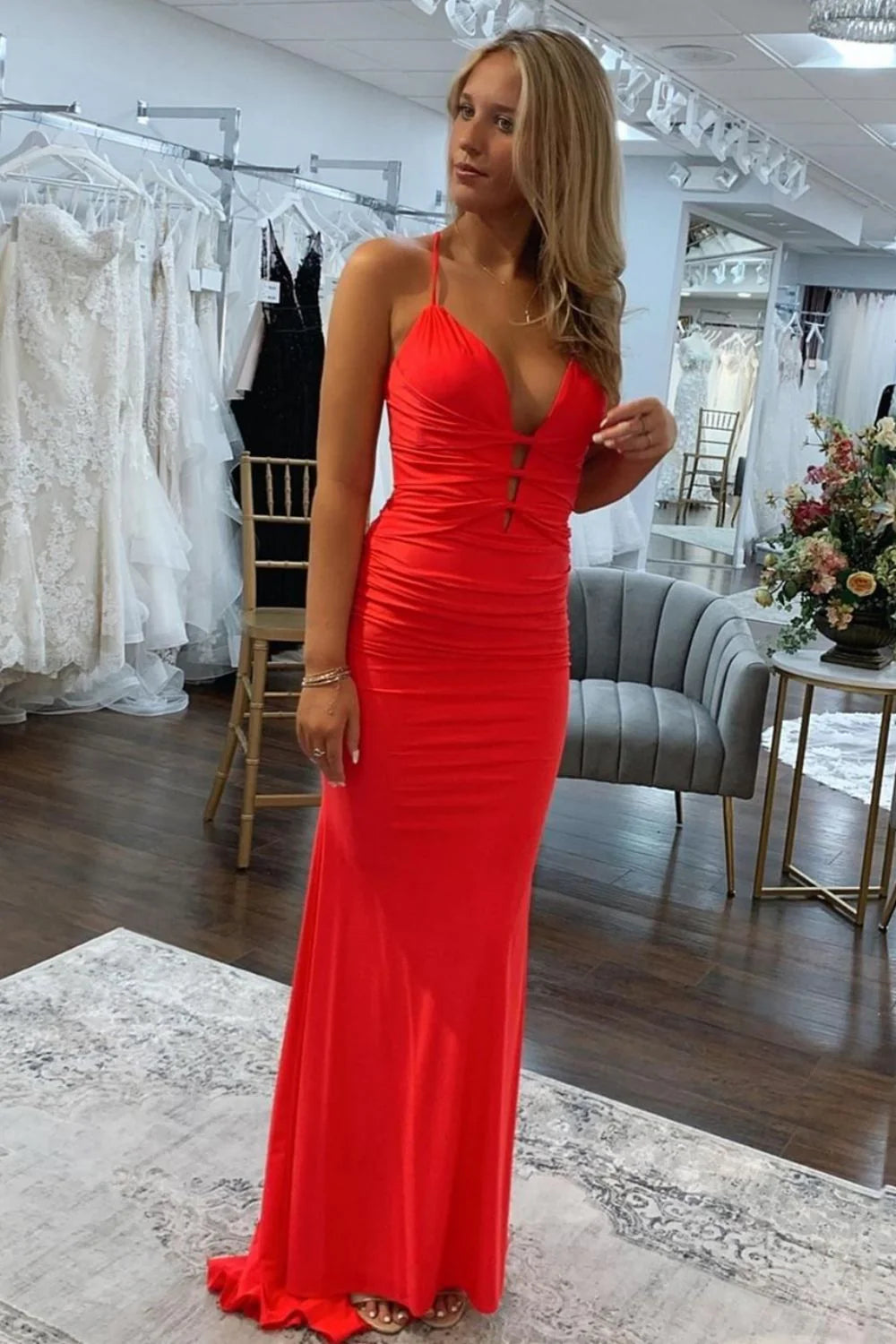 Mermaid Spaghetti Straps Cutout Lace Up Satin Red Prom Dress