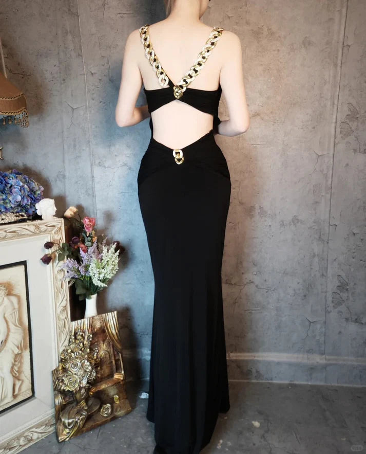 Mermaid Spaghetti Straps Gold Chain Satin Black Evening Dress Party Dress