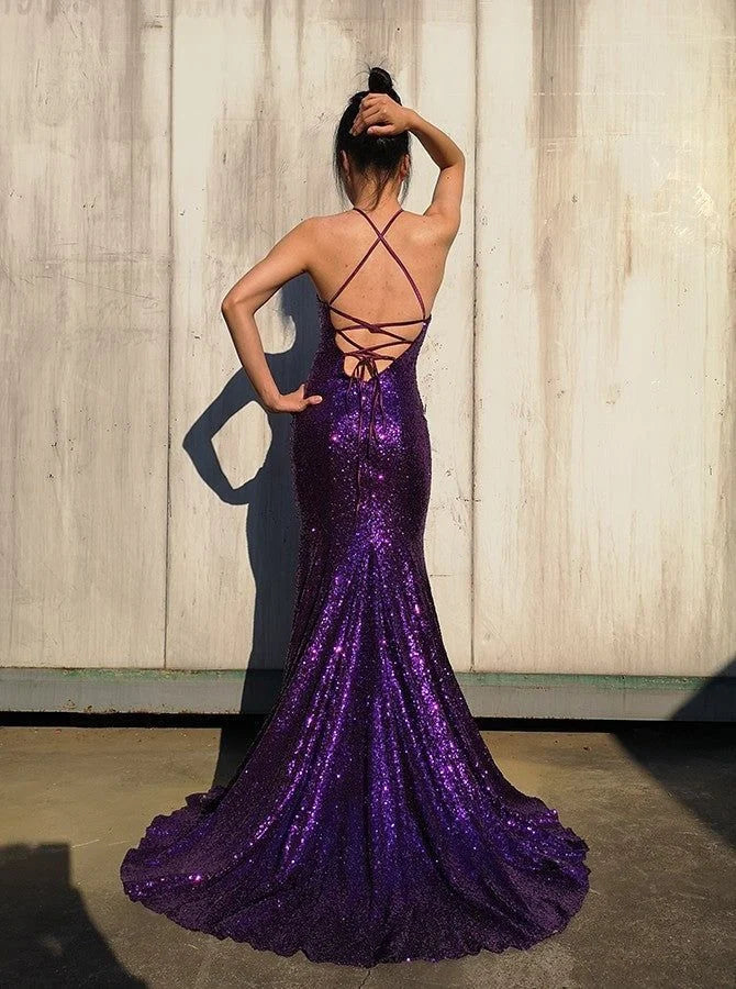 Mermaid Spaghetti Straps Backless Sequin Purple Party Dress With Train