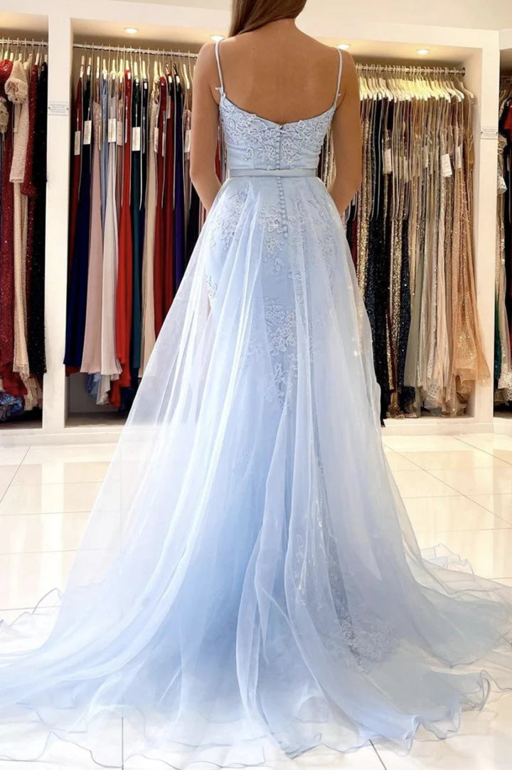 Mermaid Spaghetti Straps Evening Dress Lace Tulle Blue Long Prom Dress