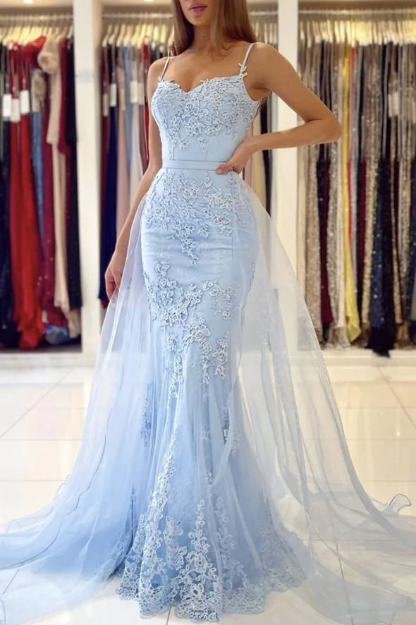 Mermaid Spaghetti Straps Evening Dress Lace Tulle Blue Long Prom Dress