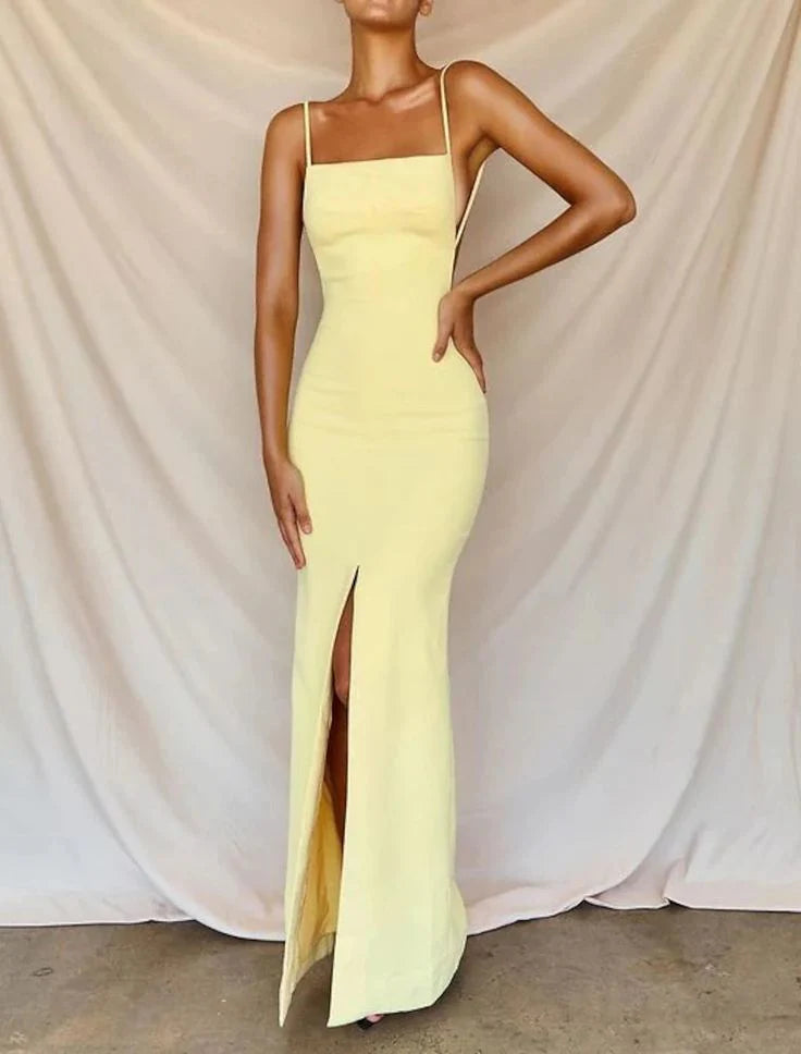 Mermaid Spaghetti Straps Open Back Yellow Long Prom Dress With Slit
