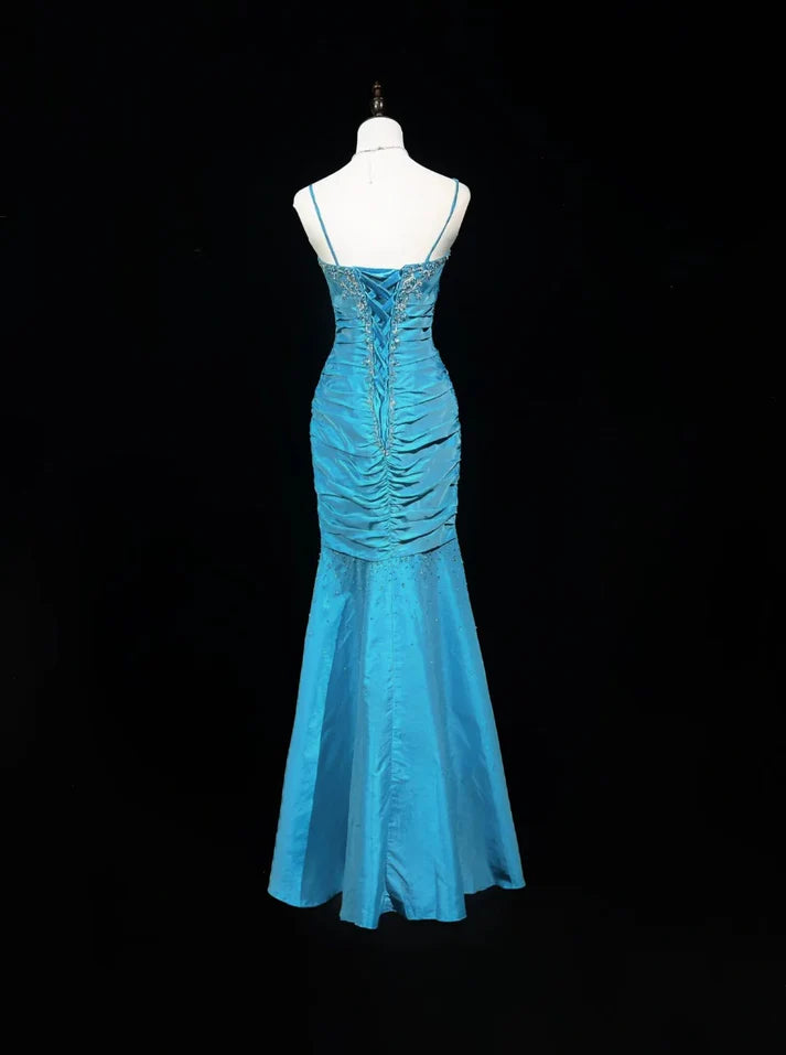 Mermaid Spaghetti Straps Pleated Beaded Satin Blue Long Party Dress
