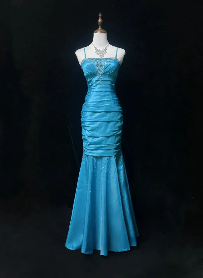 Mermaid Spaghetti Straps Pleated Beaded Satin Blue Long Party Dress
