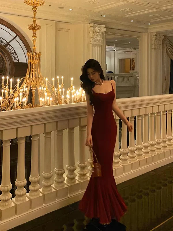 Mermaid Spaghetti Straps Ruffle Burgundy Long Prom Dress Party Dress