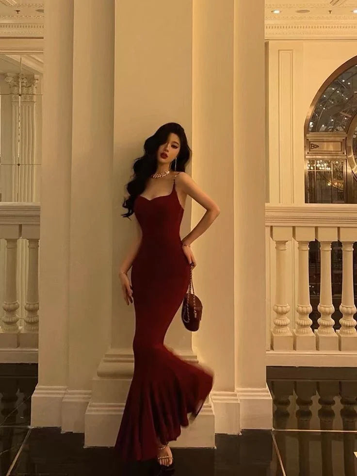 Mermaid Spaghetti Straps Ruffle Burgundy Long Prom Dress Party Dress